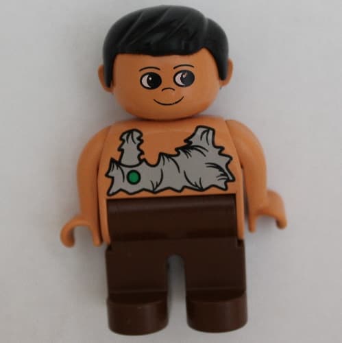 Duplo Figure, Early, with Short Parted Hair Black, Brown Legs, Rag Shirt with Green Spot Print (Caveman)