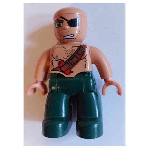 Duplo Figure with Rounded Head with Dark Green Legs, Chest Belt with Dynamite, Eyepatch Print (Pirate)