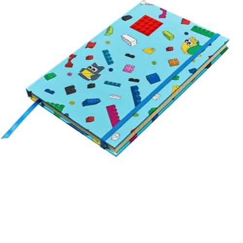 Notebook with Brick Images, Embedded Red 4 x 4 Plate, Blue Ribbon